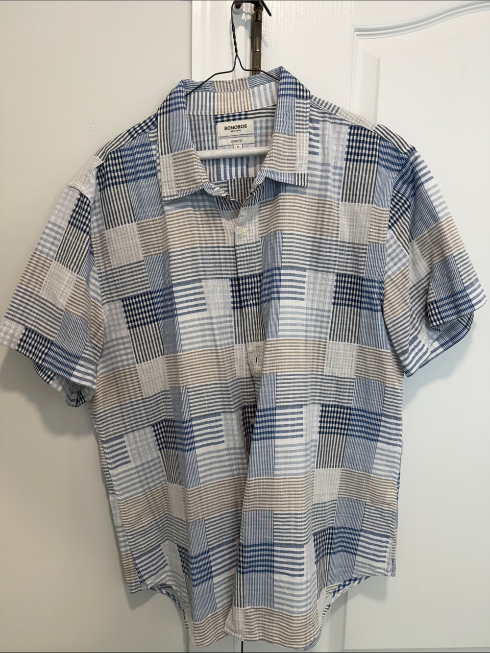Bonobos Blue and Beige Plaid Short-Sleeve Button-Up Shirt